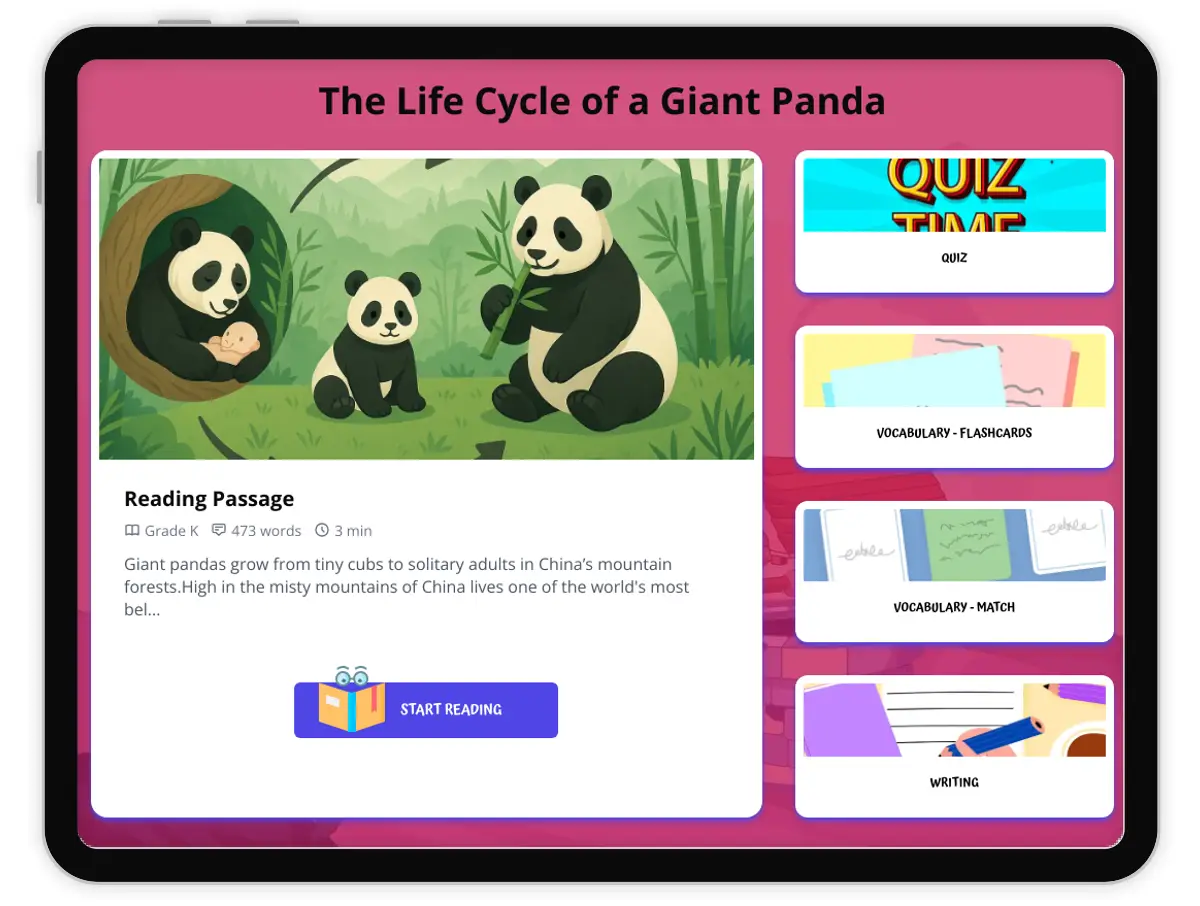 Interactive — Reading Comprehension preview: The Life Cycle of a Giant Panda covering  standards - Page 1 of 1