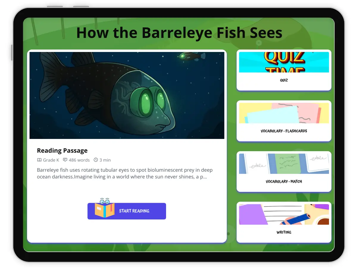 Interactive — Reading Comprehension preview: How the Barreleye Fish Sees covering  standards - Page 1 of 1