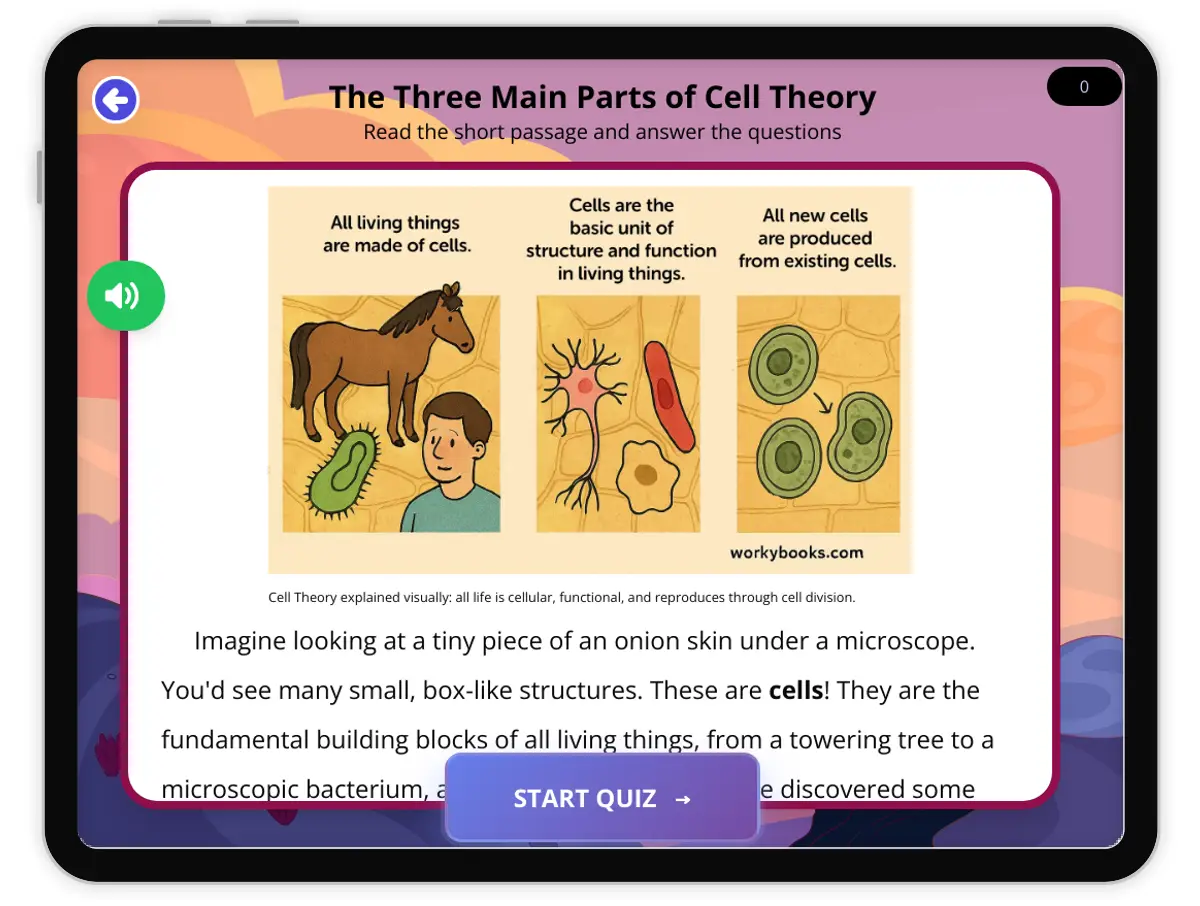 Interactive — Reading Comprehension preview: The Three Main Parts of Cell Theory covering  standards - Page 1 of 1
