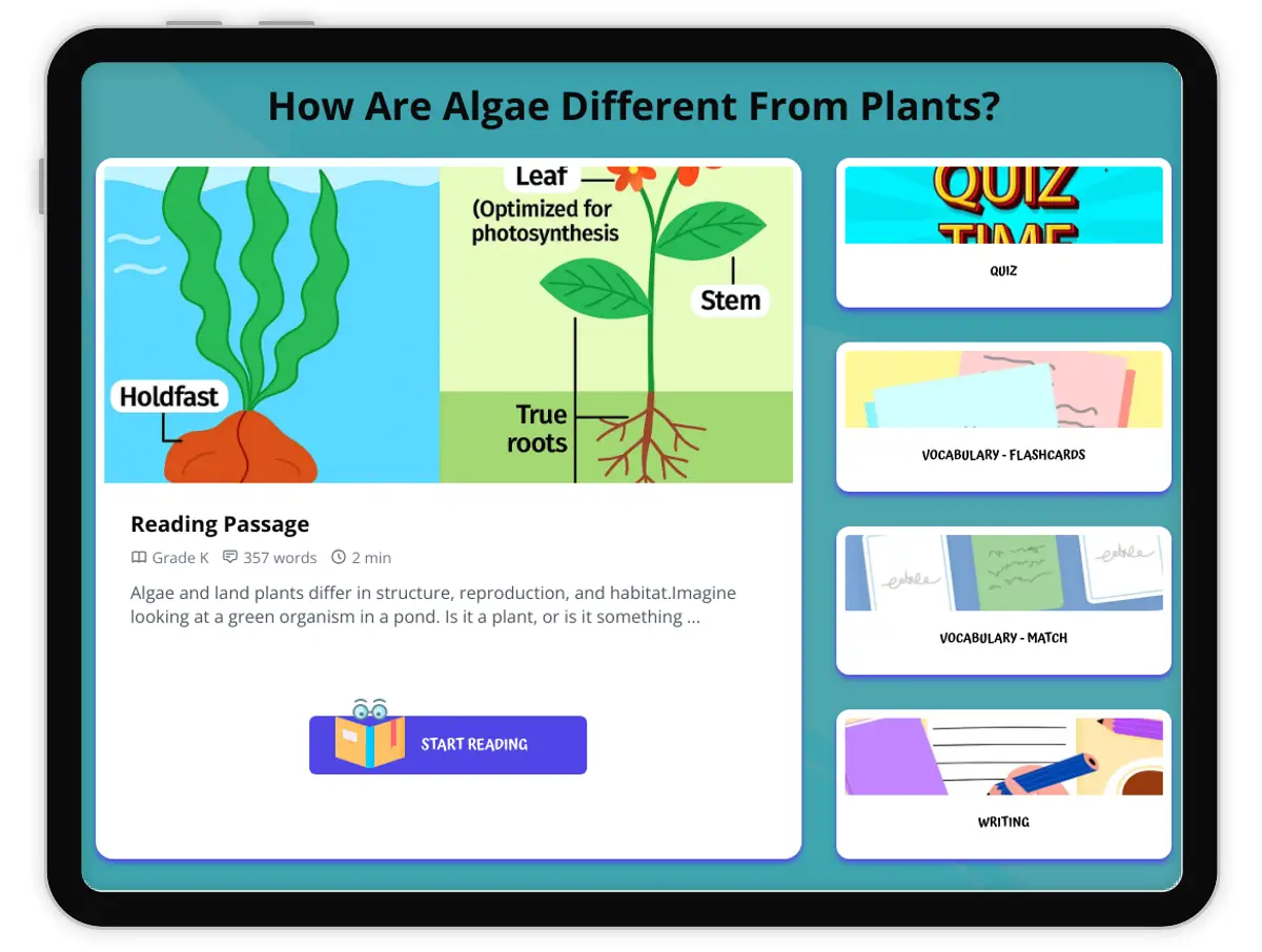 Interactive — Reading Comprehension preview: How Are Algae Different From Plants? covering  standards - Page 1 of 1