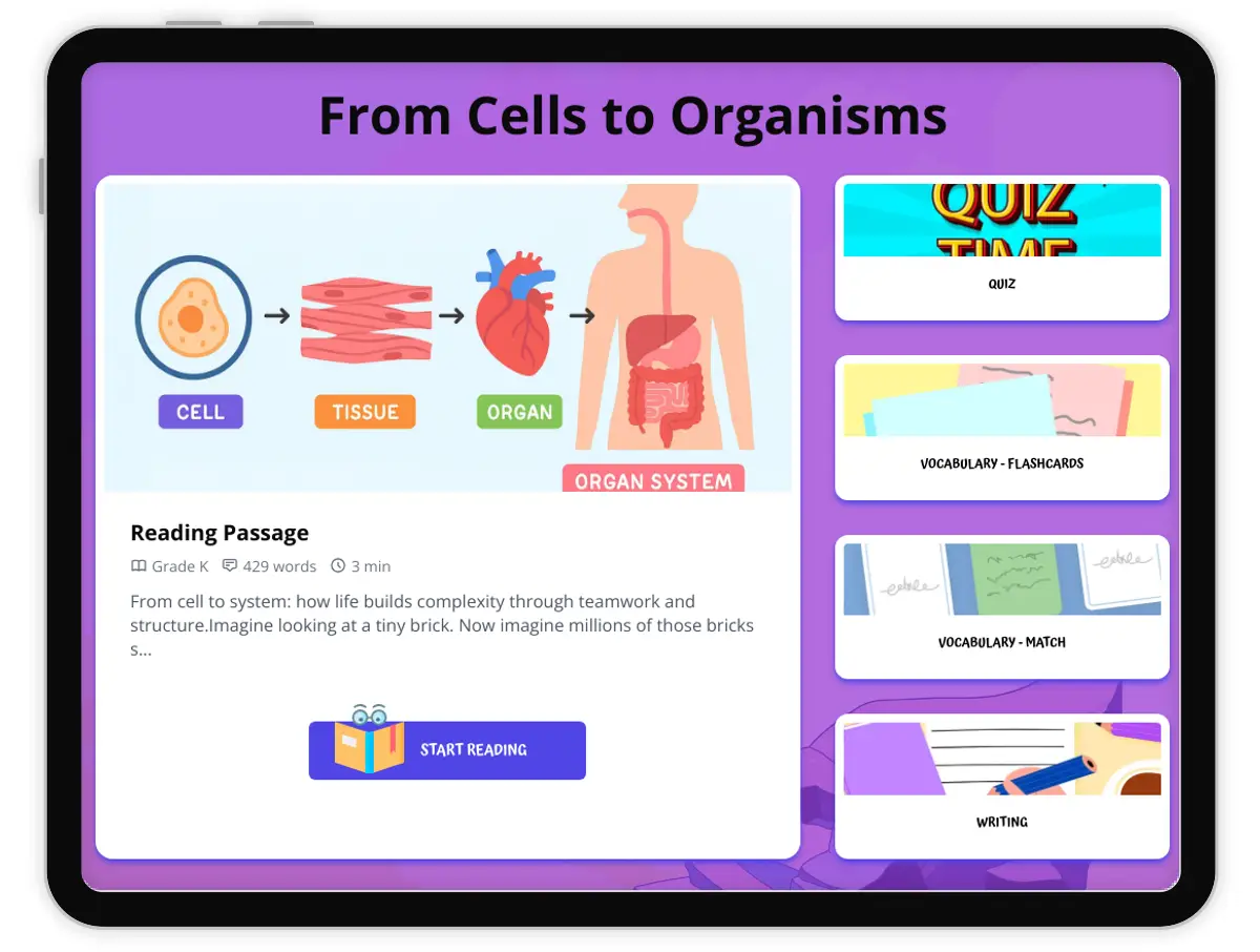 Interactive — Reading Comprehension preview: From Cells to Organisms covering  standards - Page 1 of 1