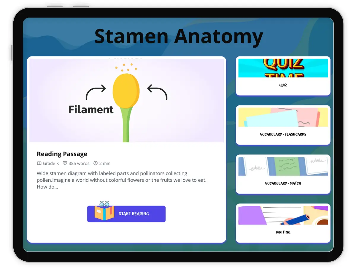 Interactive — Reading Comprehension preview: Stamen Anatomy covering  standards - Page 1 of 1