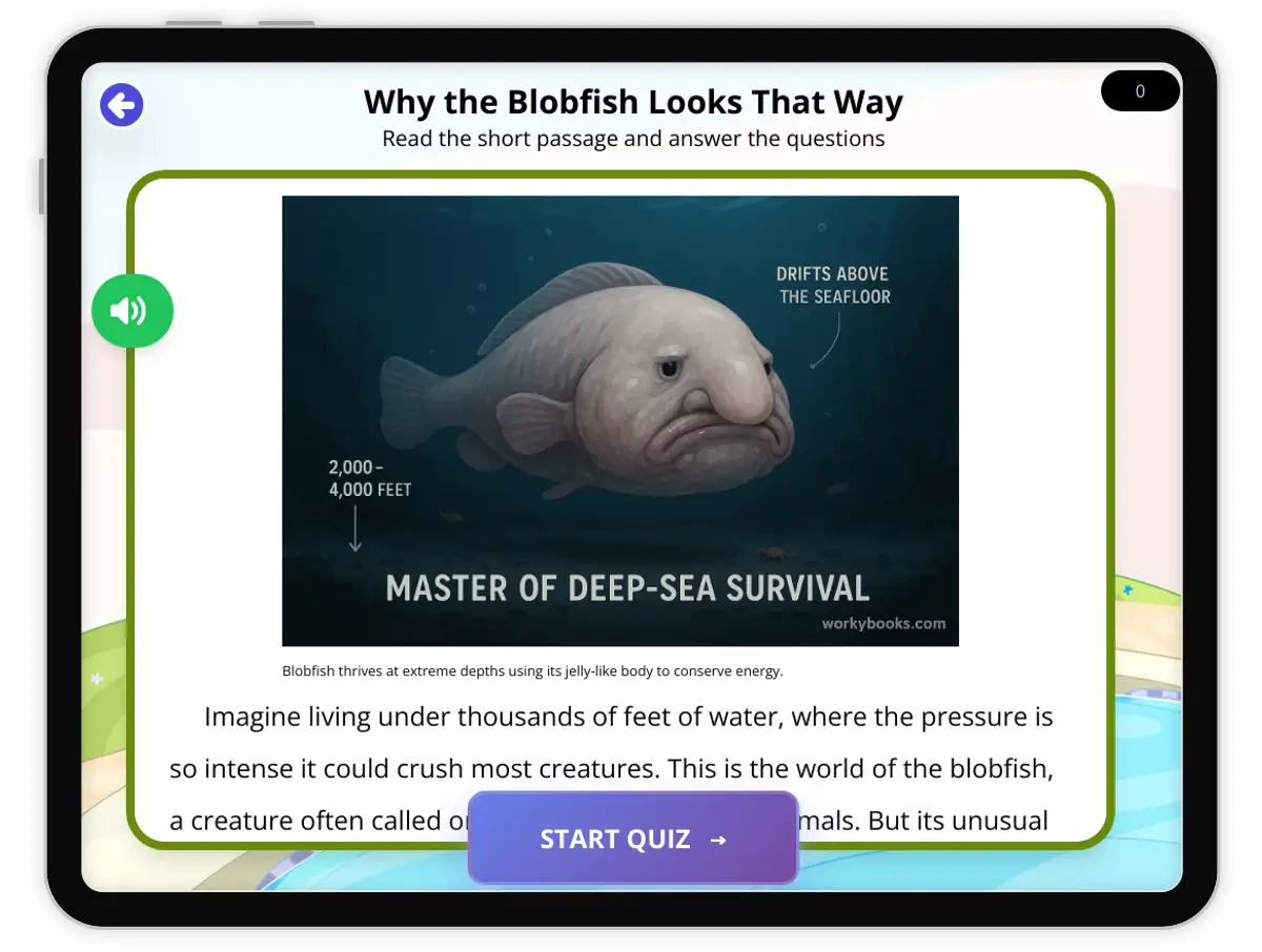Interactive — Reading Comprehension preview: Why the Blobfish Looks That Way covering  standards - Page 1 of 1