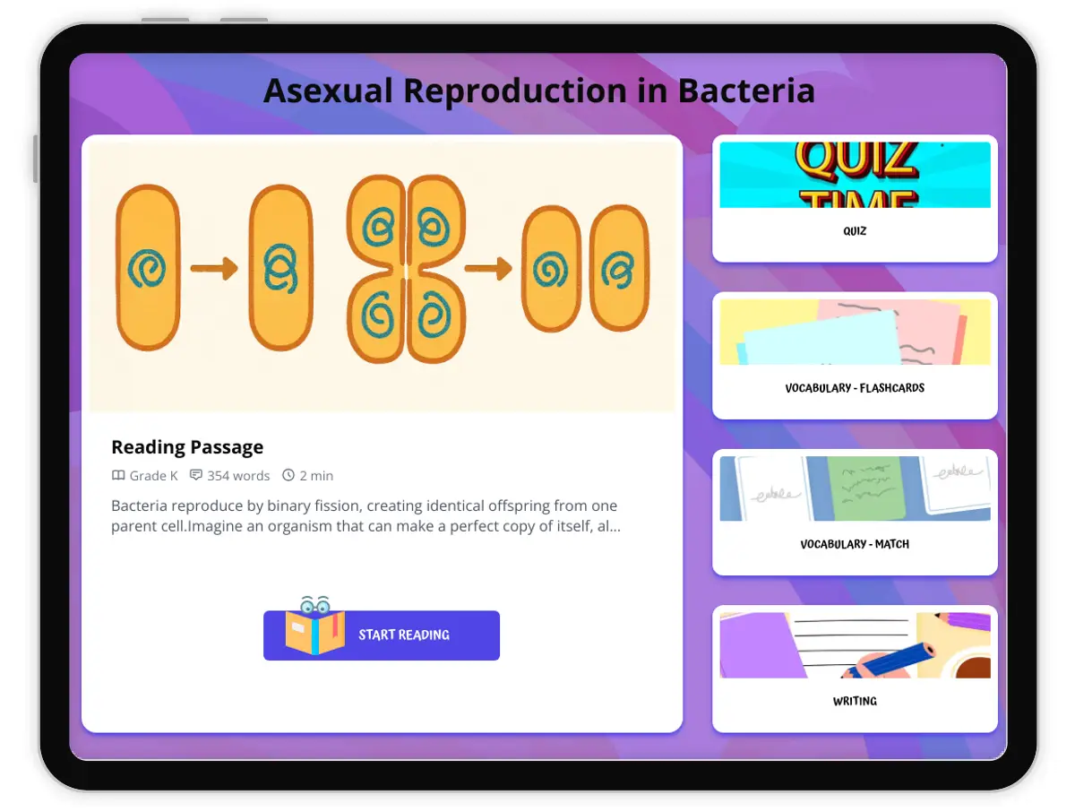 Interactive — Reading Comprehension preview: Asexual Reproduction in Bacteria covering  standards - Page 1 of 1