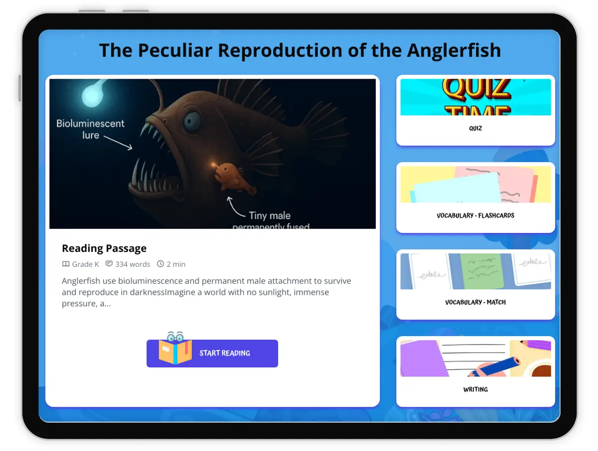 Interactive — Reading Comprehension preview: The Peculiar Reproduction of the Anglerfish covering  standards - Page 1 of 1