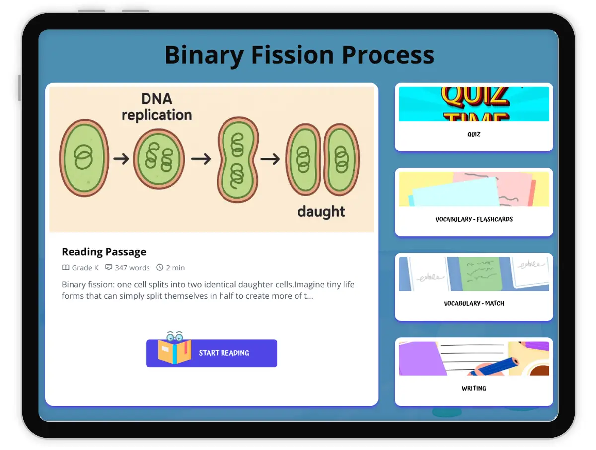Interactive — Reading Comprehension preview: Binary Fission Process covering  standards - Page 1 of 1