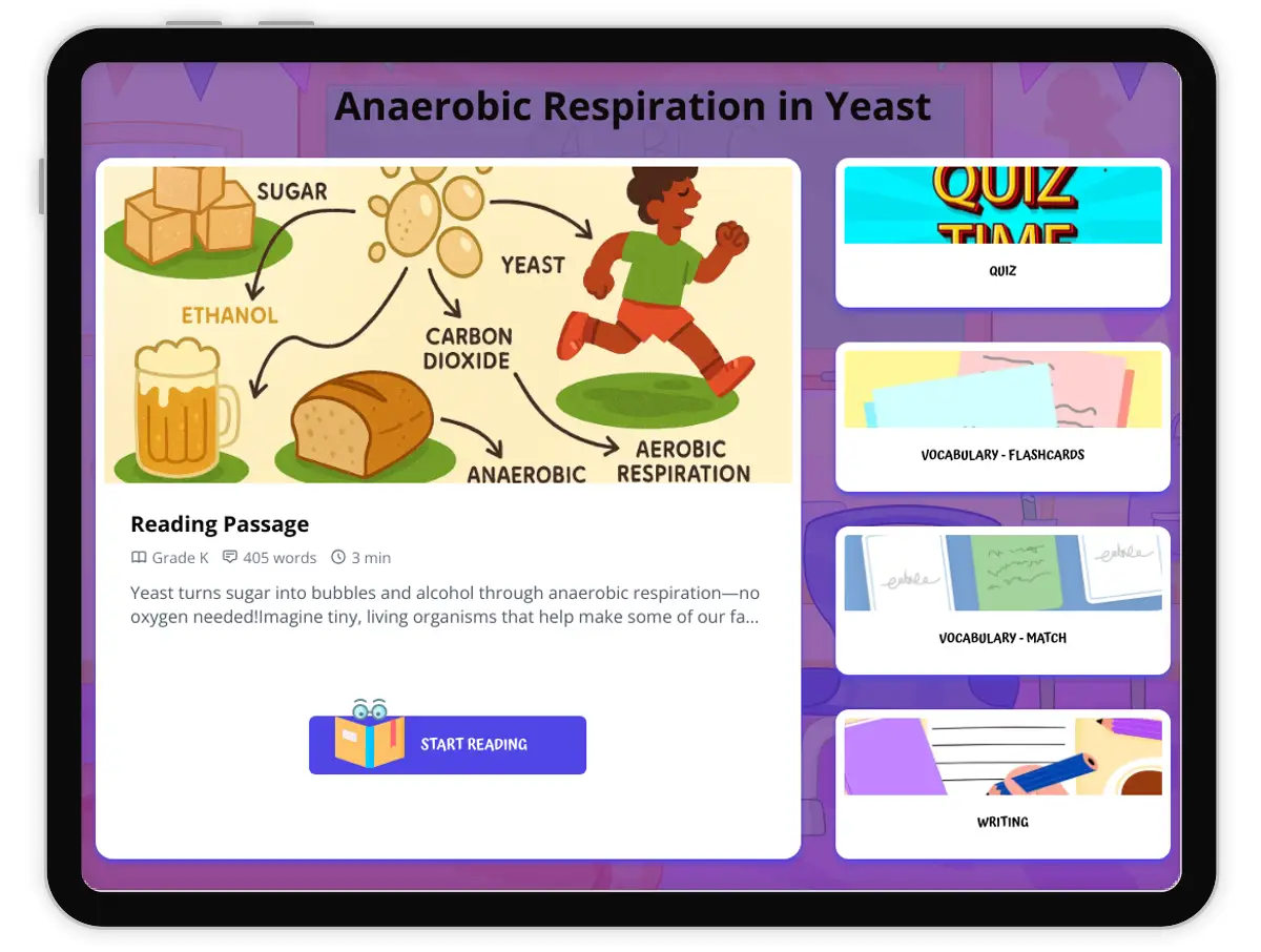 Interactive — Reading Comprehension preview: Anaerobic Respiration in Yeast covering  standards - Page 1 of 1