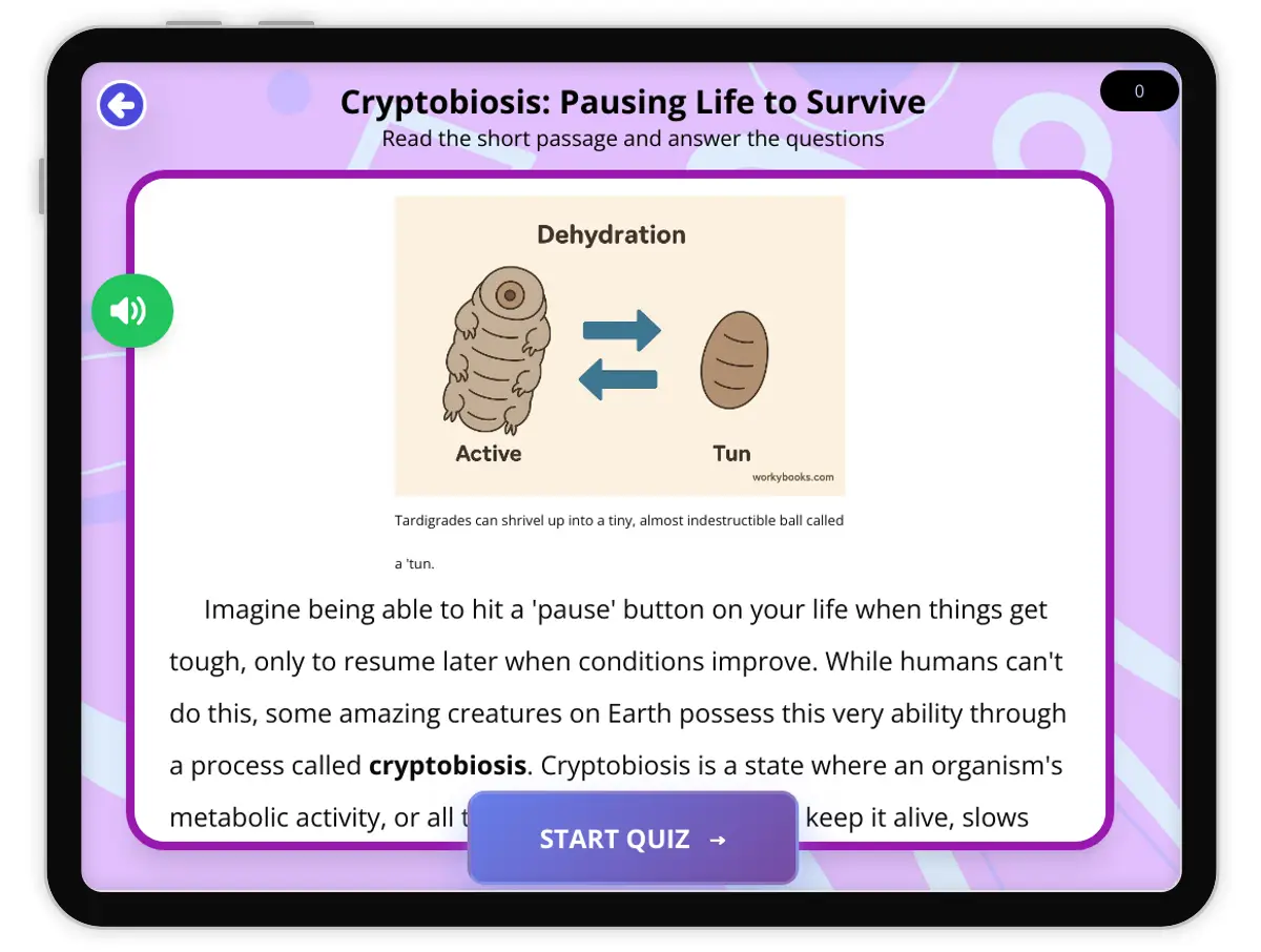 Interactive — Reading Comprehension preview: Cryptobiosis: Pausing Life to Survive covering  standards - Page 1 of 1