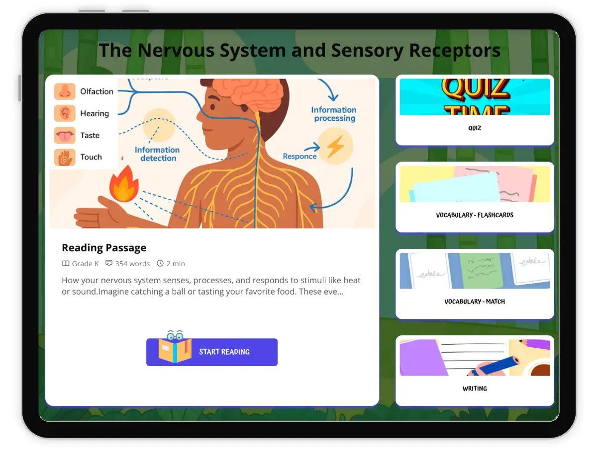 Interactive — Reading Comprehension preview: The Nervous System and Sensory Receptors covering  standards - Page 1 of 1