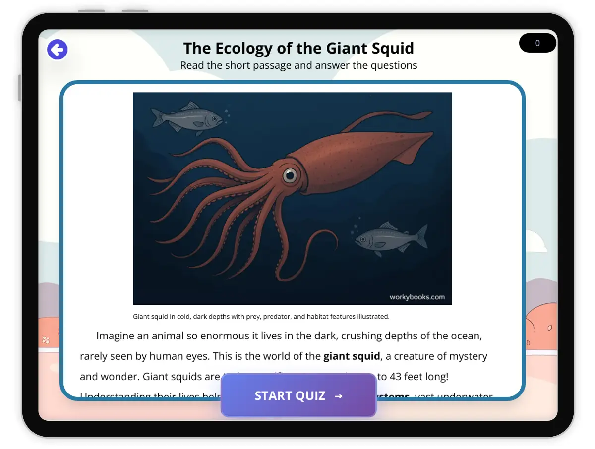 Interactive — Reading Comprehension preview: The Ecology of the Giant Squid covering  standards - Page 1 of 1
