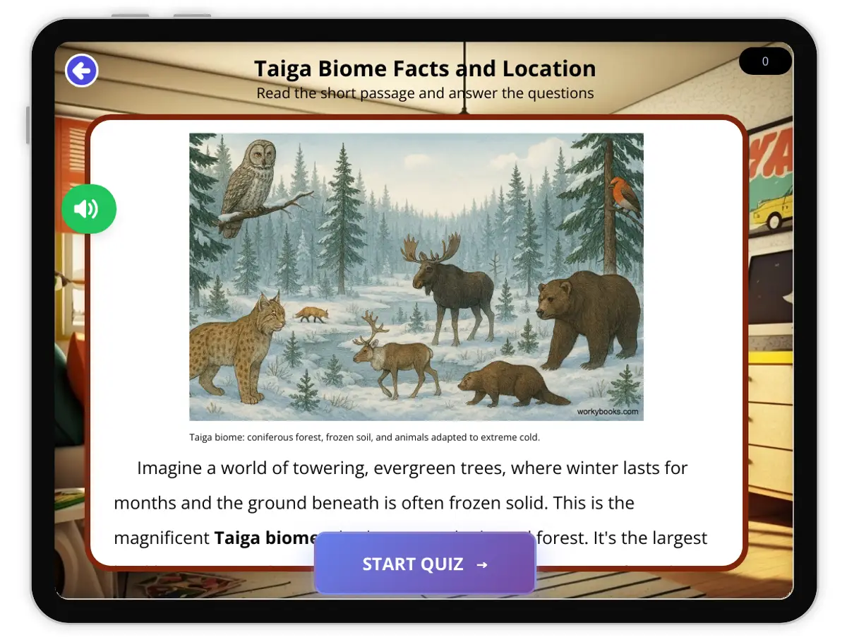 Interactive — Reading Comprehension preview: Taiga Biome Facts and Location covering  standards - Page 1 of 1