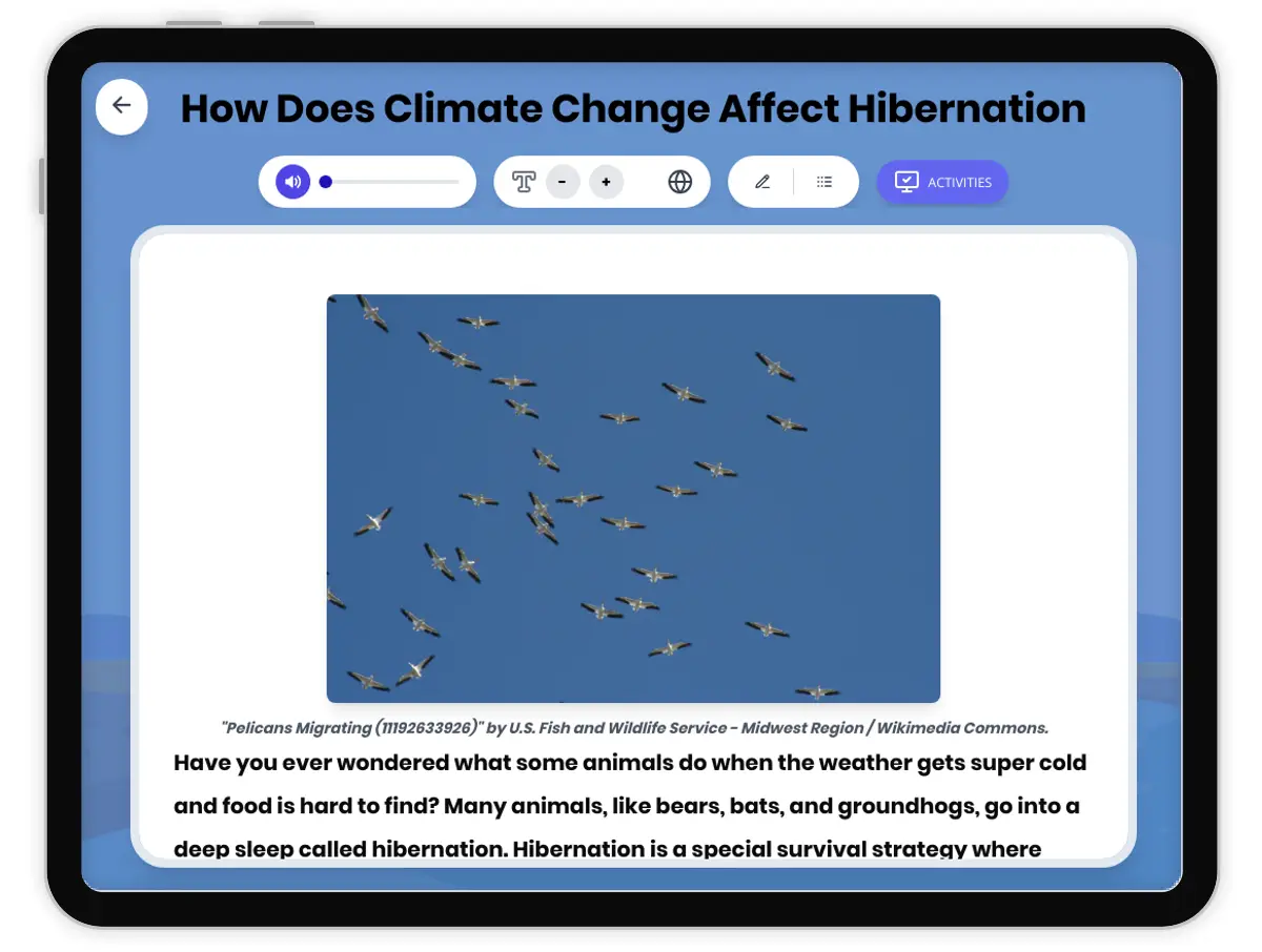 Interactive — Reading Comprehension preview: Climate Change Bird Migration covering MS-LS2-4: CONSTRUCT AN ARGUMENT SUPPORTED BY EMPIRICAL EVIDENCE THAT CHANGES TO PHYSICAL OR BIOLOGICAL COMPONENTS OF AN ECOSYSTEM AFFECT POPULATIONS. standards - Page 1 of 1