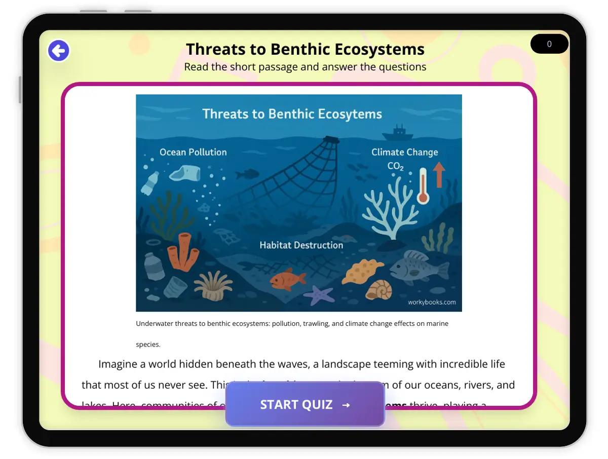 Interactive — Reading Comprehension preview: Threats to Benthic Ecosystems covering  standards - Page 1 of 1