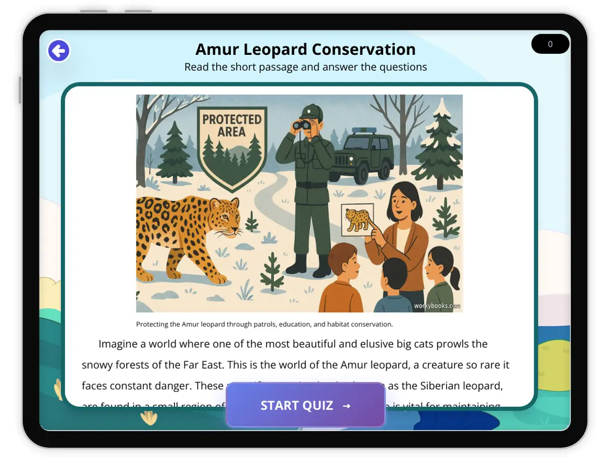 Interactive — Reading Comprehension preview: Amur Leopard Conservation covering  standards - Page 1 of 1