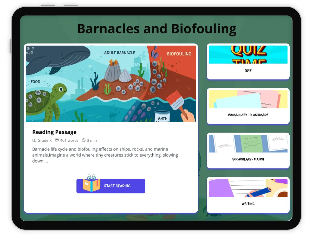 Interactive — Reading Comprehension preview: Barnacles and Biofouling covering  standards - Page 1 of 1