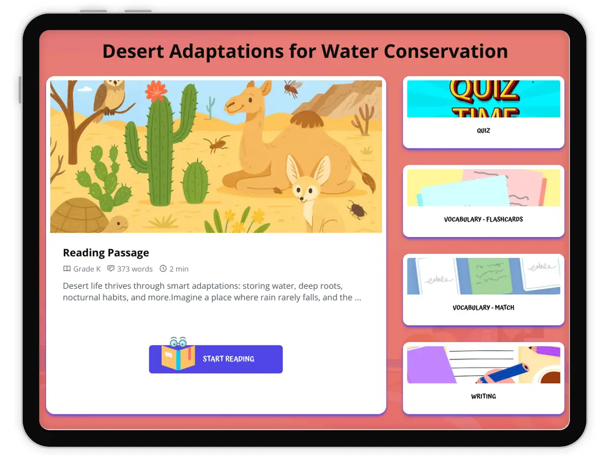 Interactive — Reading Comprehension preview: Desert Adaptations for Water Conservation covering  standards - Page 1 of 1