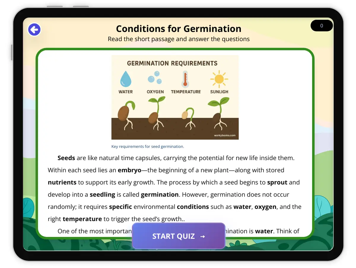 Interactive — Reading Comprehension preview: Conditions for Germination covering  standards - Page 1 of 1