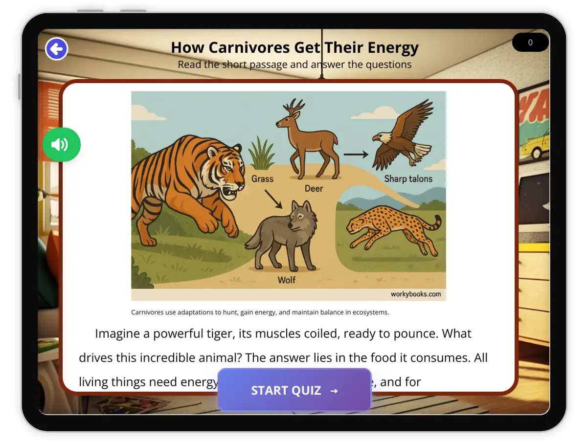 Interactive — Reading Comprehension preview: How Carnivores Get Their Energy covering  standards - Page 1 of 1