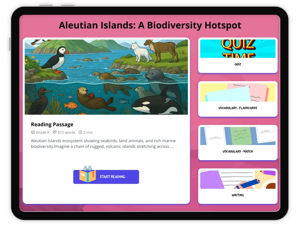 Interactive — Reading Comprehension preview: Aleutian Islands: A Biodiversity Hotspot covering  standards - Page 1 of 1