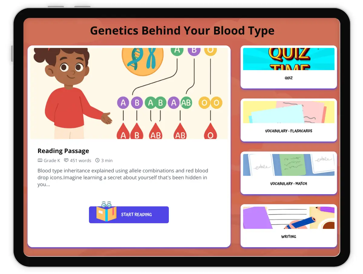 Interactive — Reading Comprehension preview: Genetics Behind Your Blood Type covering  standards - Page 1 of 1