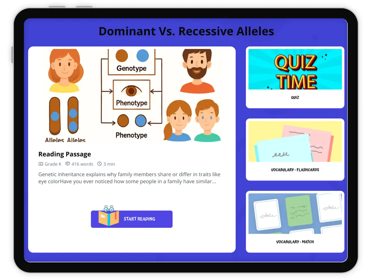 Interactive — Reading Comprehension preview: Dominant Vs. Recessive Alleles covering  standards - Page 1 of 1
