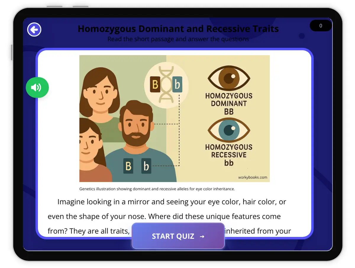 Interactive — Reading Comprehension preview: Homozygous Dominant and Recessive Traits covering  standards - Page 1 of 1