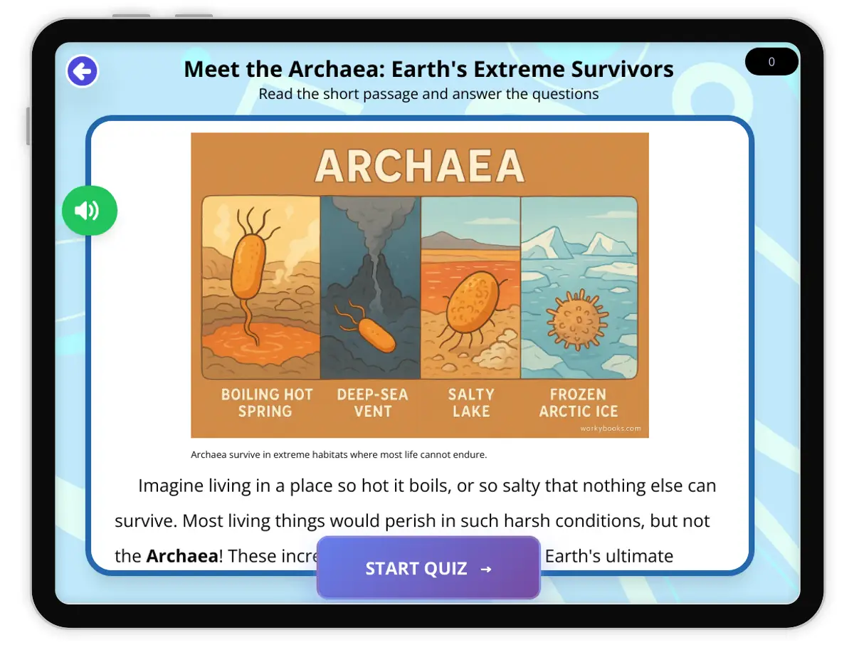 Interactive — Reading Comprehension preview: Meet the Archaea: Earth's Extreme Survivors covering  standards - Page 1 of 1