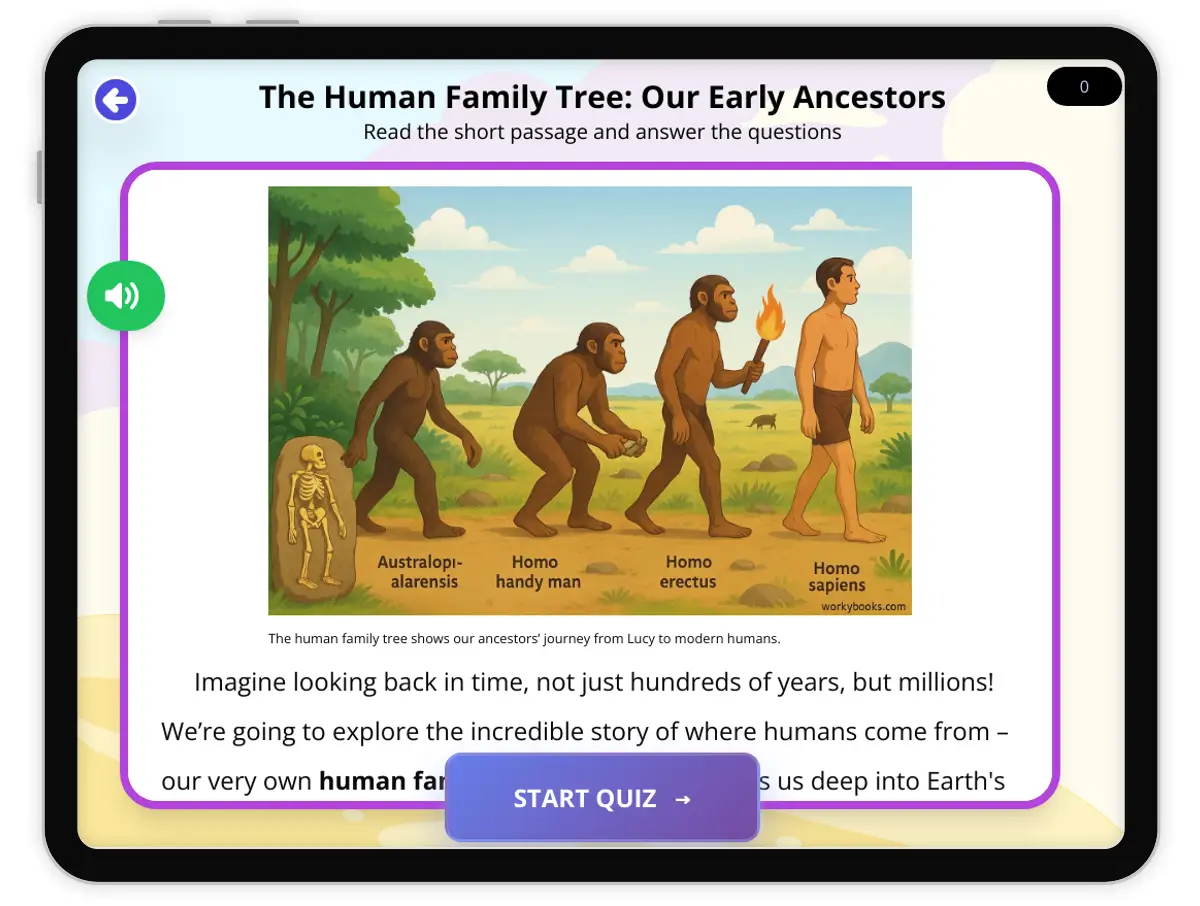 Interactive — Reading Comprehension preview: The Human Family Tree: Our Early Ancestors covering  standards - Page 1 of 1