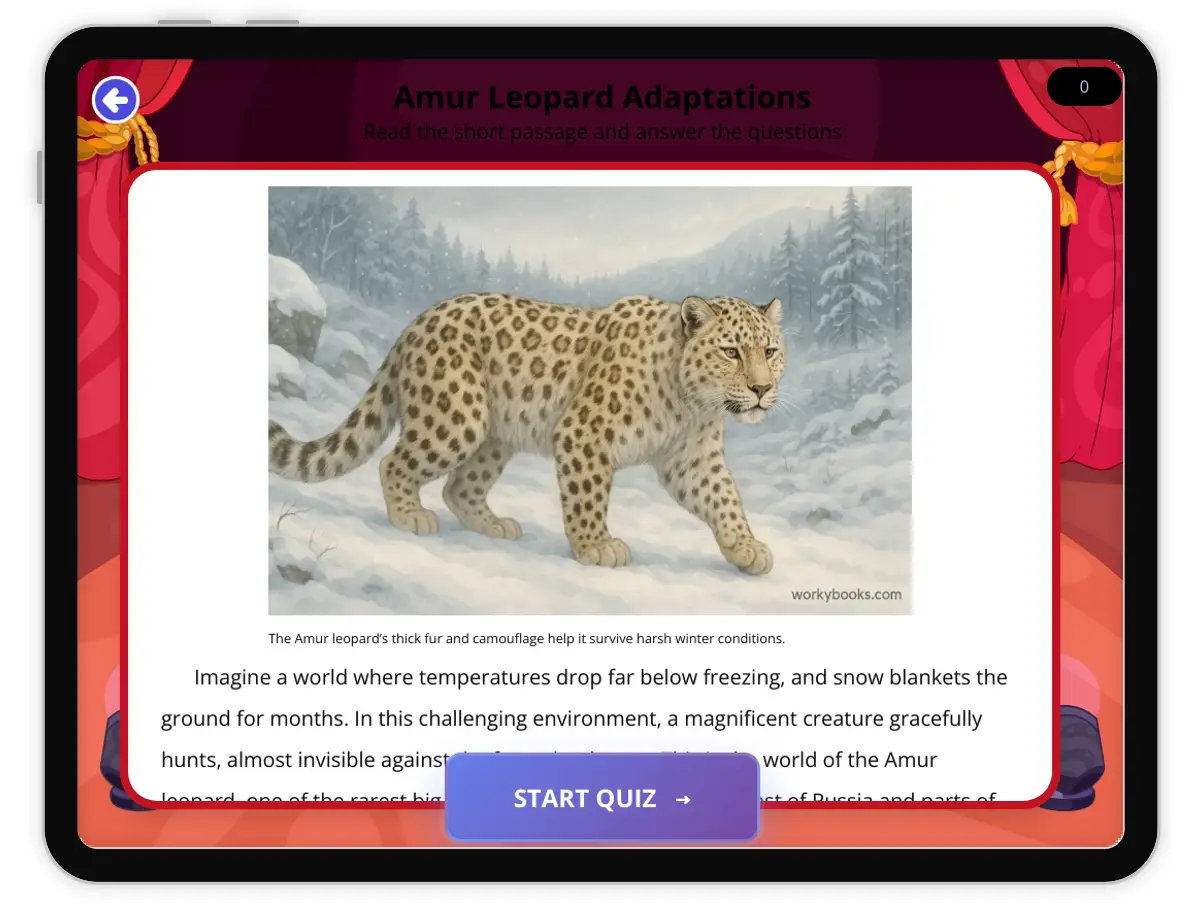 Interactive — Reading Comprehension preview: Amur Leopard Adaptations covering  standards - Page 1 of 1