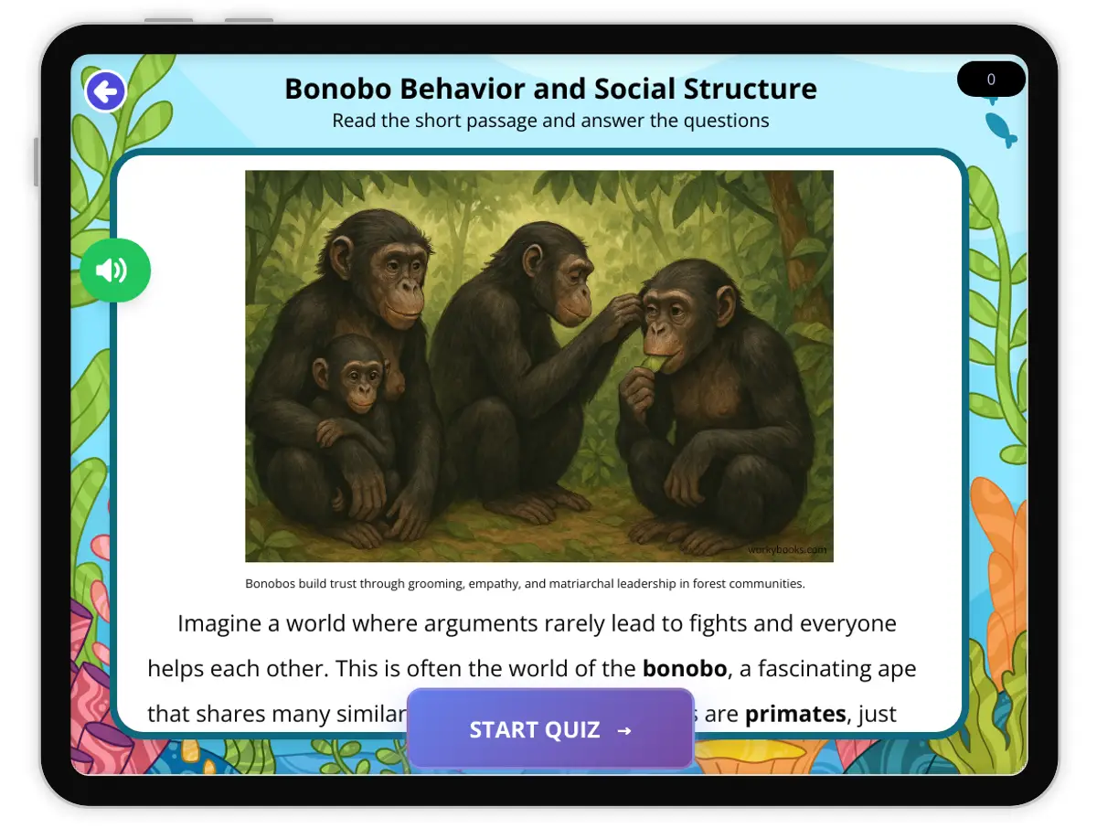 Interactive — Reading Comprehension preview: Bonobo Behavior and Social Structure covering  standards - Page 1 of 1