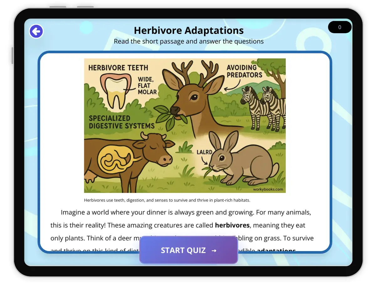 Interactive — Reading Comprehension preview: Herbivore Adaptations covering  standards - Page 1 of 1