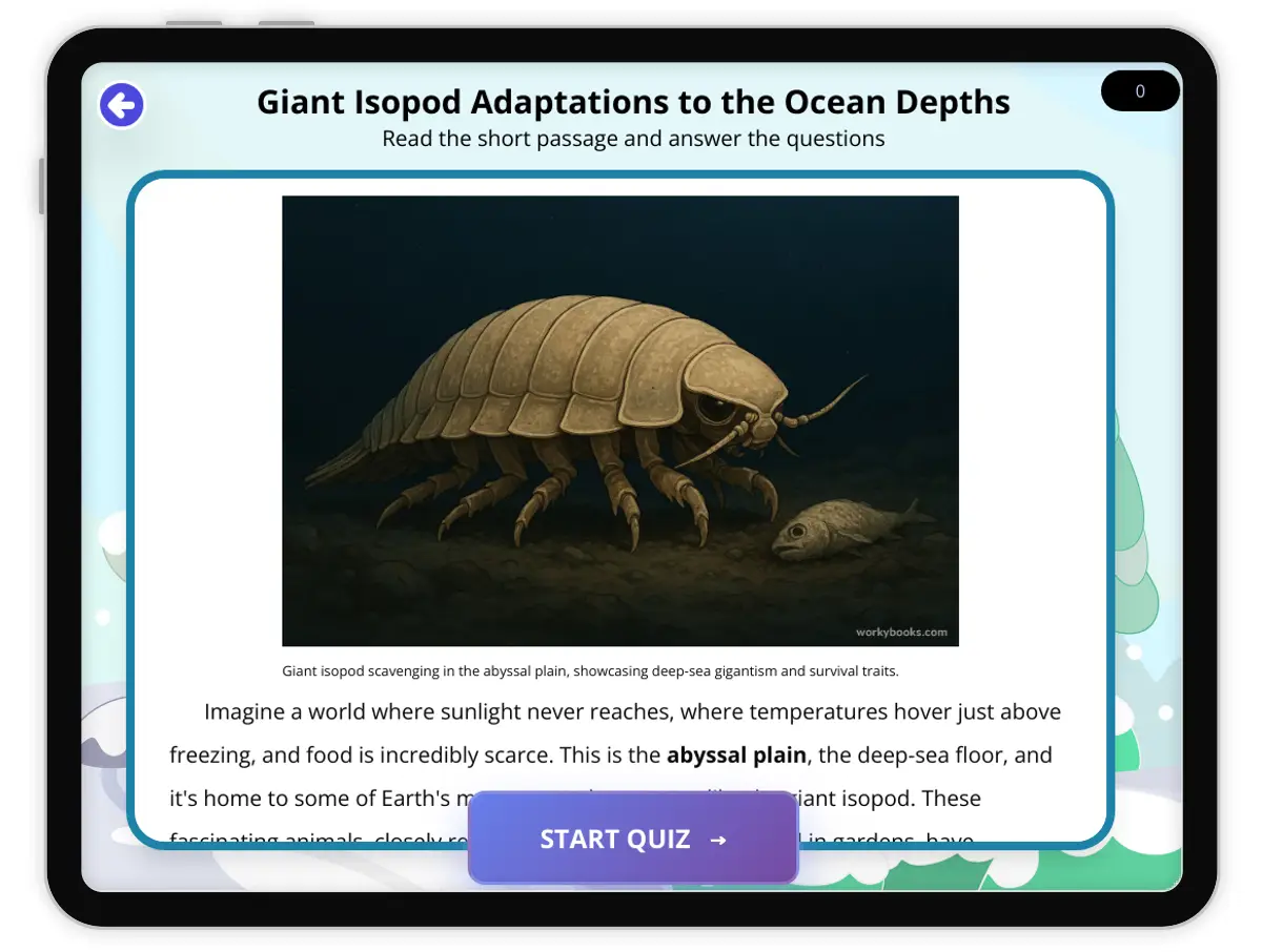 Interactive — Reading Comprehension preview: Giant Isopod Adaptations to the Ocean Depths covering  standards - Page 1 of 1