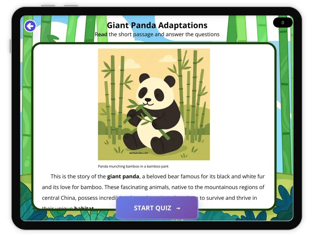 Interactive — Reading Comprehension preview: Giant Panda Adaptations covering  standards - Page 1 of 1