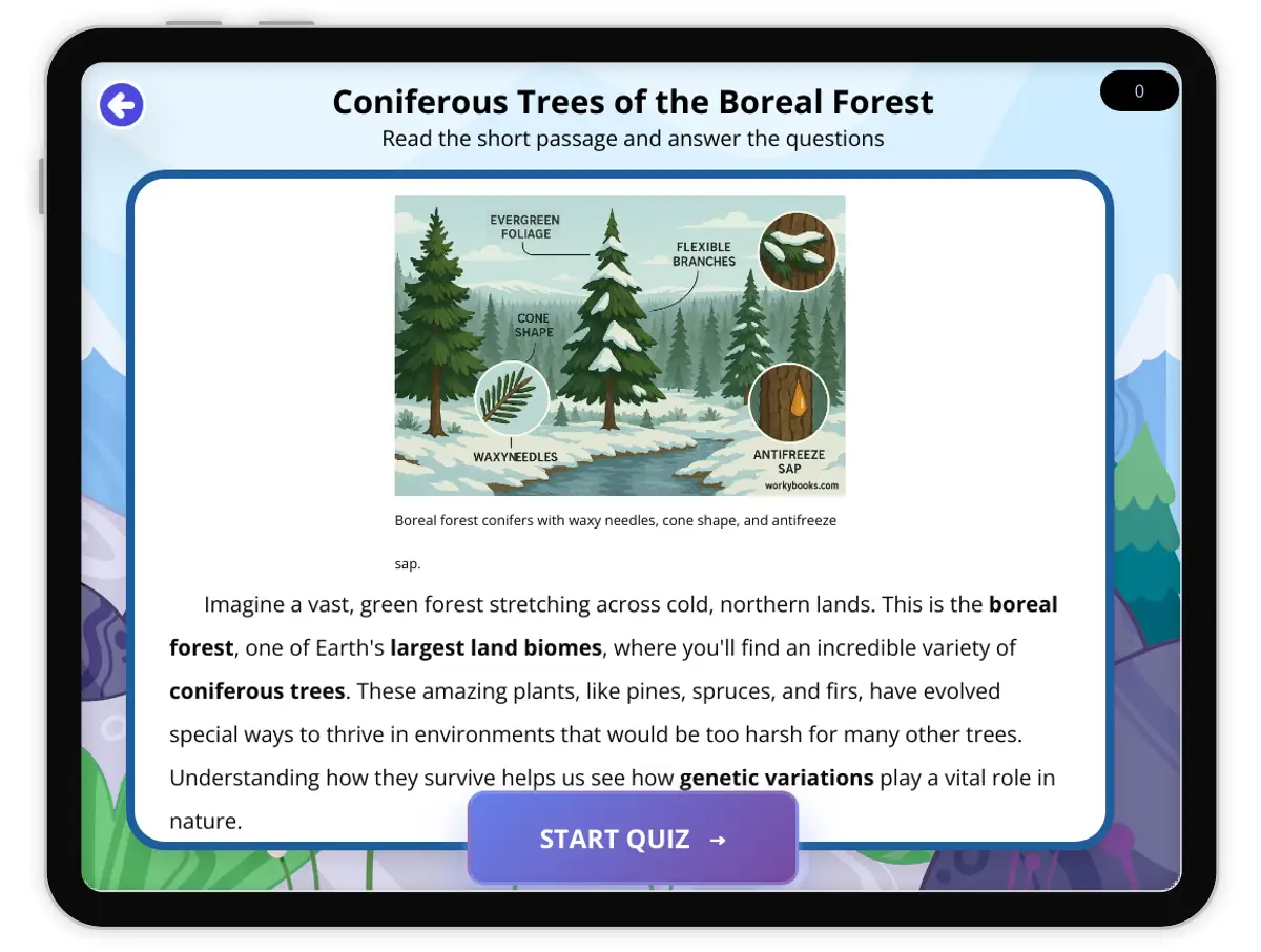 Interactive — Reading Comprehension preview: Coniferous Trees of the Boreal covering  standards - Page 1 of 1