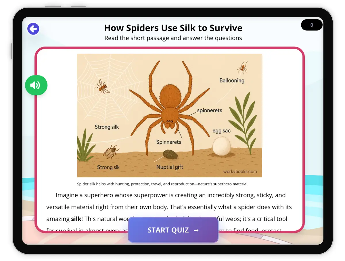 Interactive — Reading Comprehension preview: Spiders Silk Strength covering  standards - Page 1 of 1