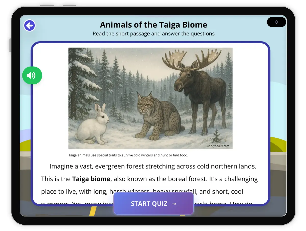 Interactive — Reading Comprehension preview: Animals of the Taiga Biome covering  standards - Page 1 of 1