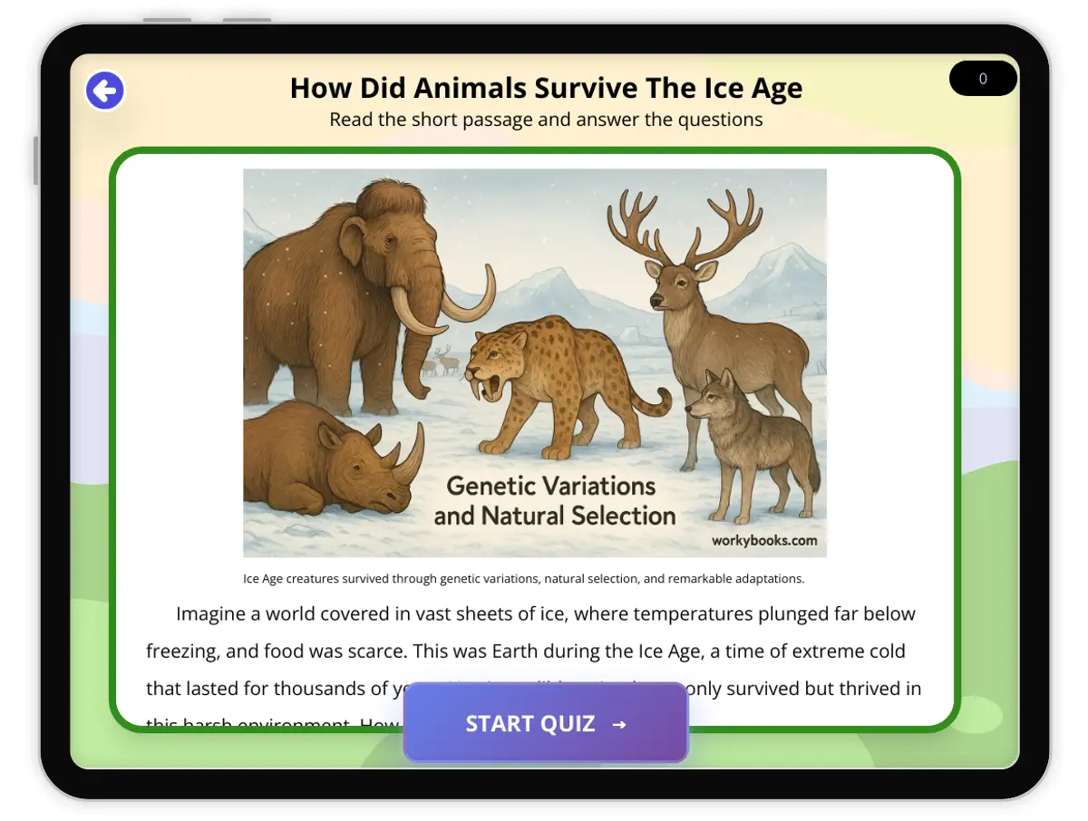 Interactive — Reading Comprehension preview: How Did Animals Survive The Ice Age covering  standards - Page 1 of 1
