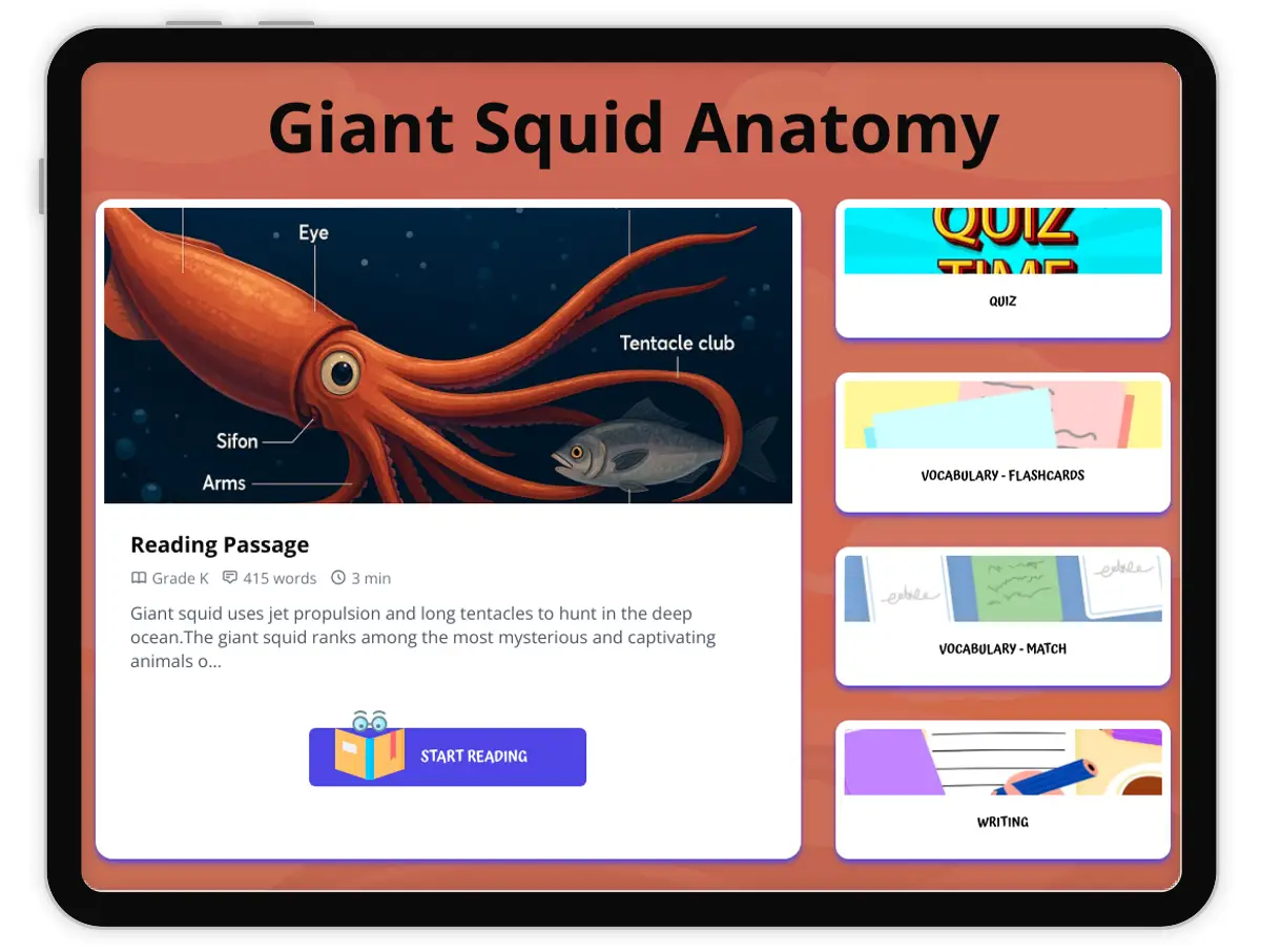 Interactive — Reading Comprehension preview: Giant Squid Anatomy covering  standards - Page 1 of 1