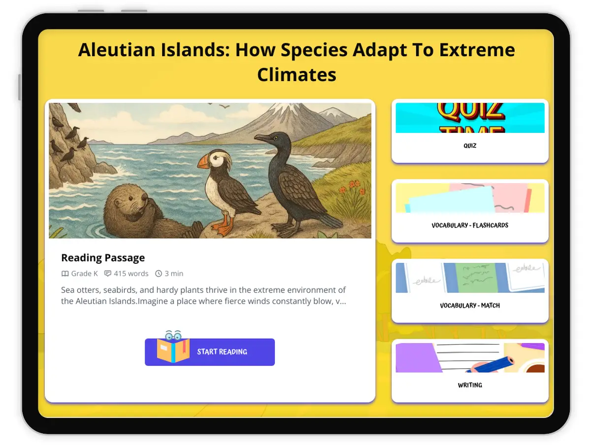 Interactive — Reading Comprehension preview: Aleutian Islands: How Species Adapt To Extreme Climates covering  standards - Page 1 of 1