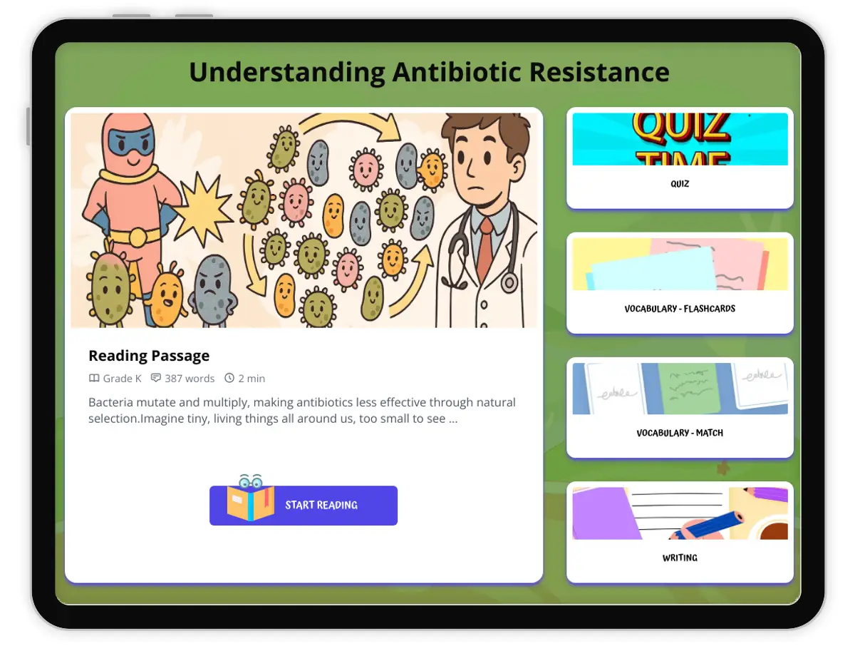 Interactive — Reading Comprehension preview: Understanding Antibiotic Resistance covering  standards - Page 1 of 1