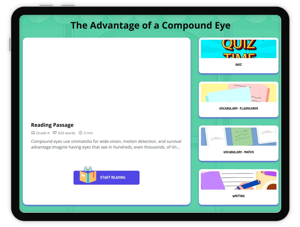 Interactive — Reading Comprehension preview: The Advantage of a Compound Eye covering  standards - Page 1 of 1