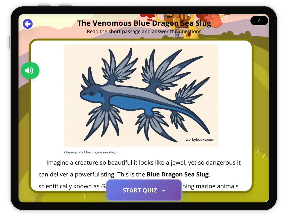 Interactive — Reading Comprehension preview: The Venomous Blue Dragon Sea Slug covering  standards - Page 1 of 1