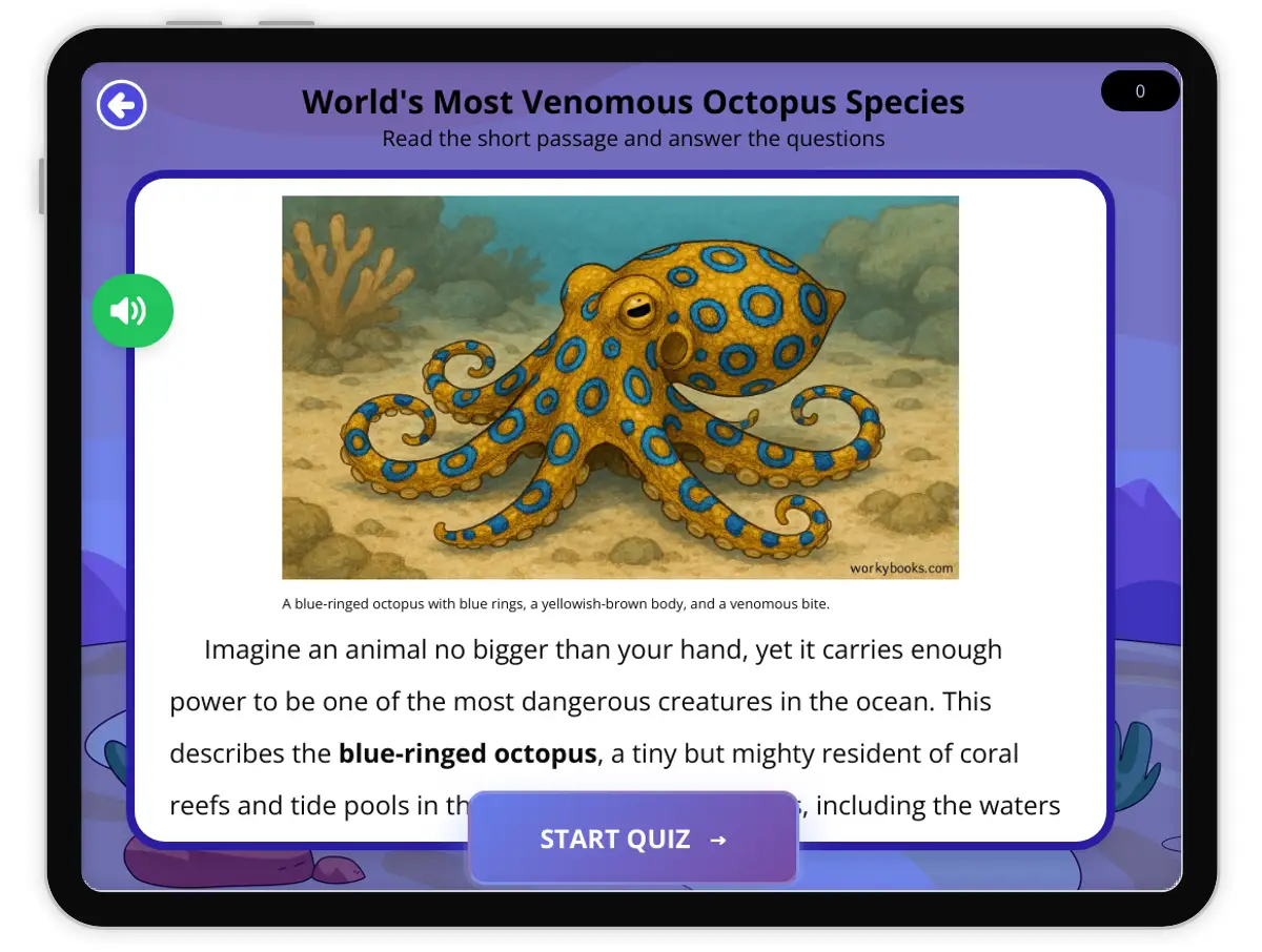 Interactive — Reading Comprehension preview: World's Most Venomous Octopus Species covering  standards - Page 1 of 1