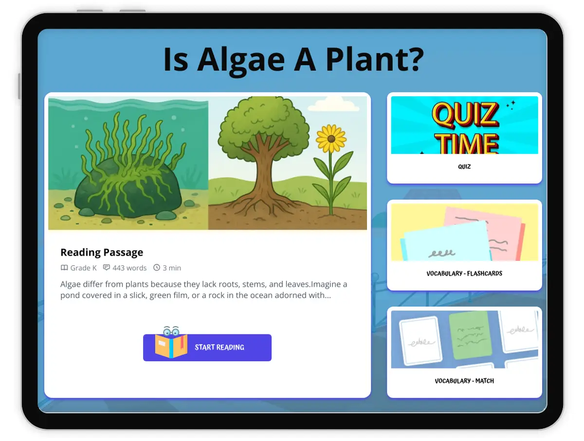 Interactive — Reading Comprehension preview: Is Algae A Plant covering  standards - Page 1 of 1