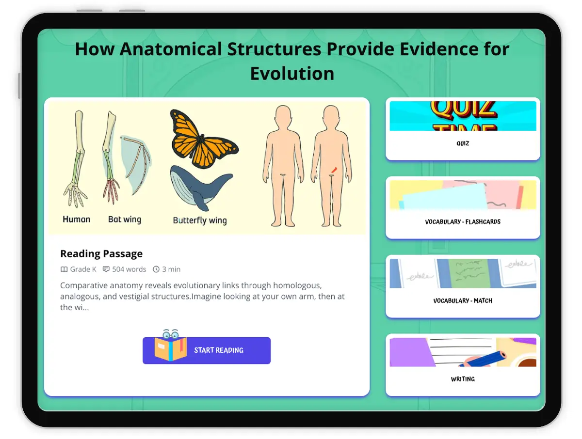 Interactive — Reading Comprehension preview: How Anatomical Structures Provide Evidence for Evolution covering  standards - Page 1 of 1