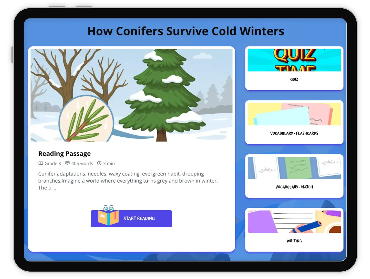 Interactive — Reading Comprehension preview: How Conifers Survive Cold Winters covering  standards - Page 1 of 1
