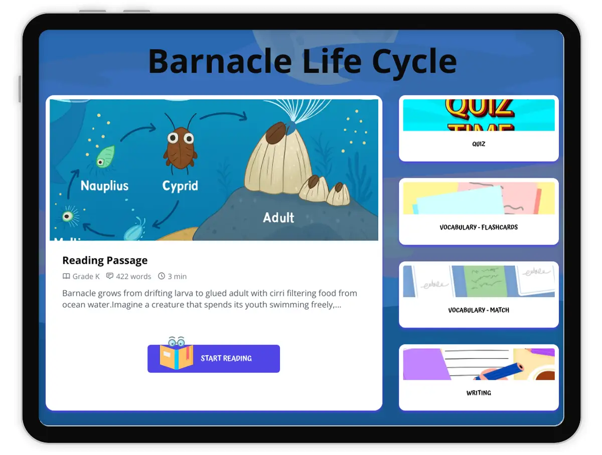Interactive — Reading Comprehension preview: Barnacle Life Cycle covering  standards - Page 1 of 1
