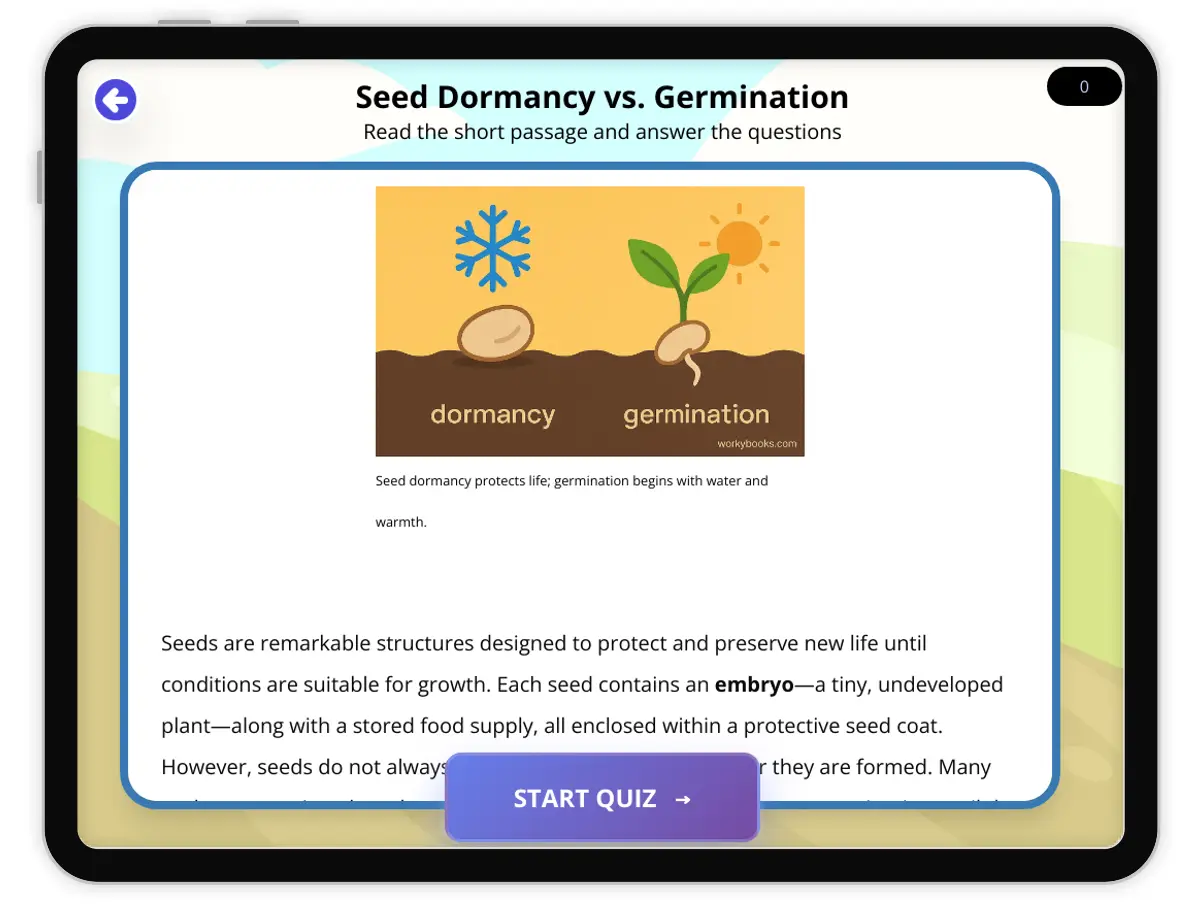 Interactive — Reading Comprehension preview: Seed Dormancy vs. Germination covering  standards - Page 1 of 1