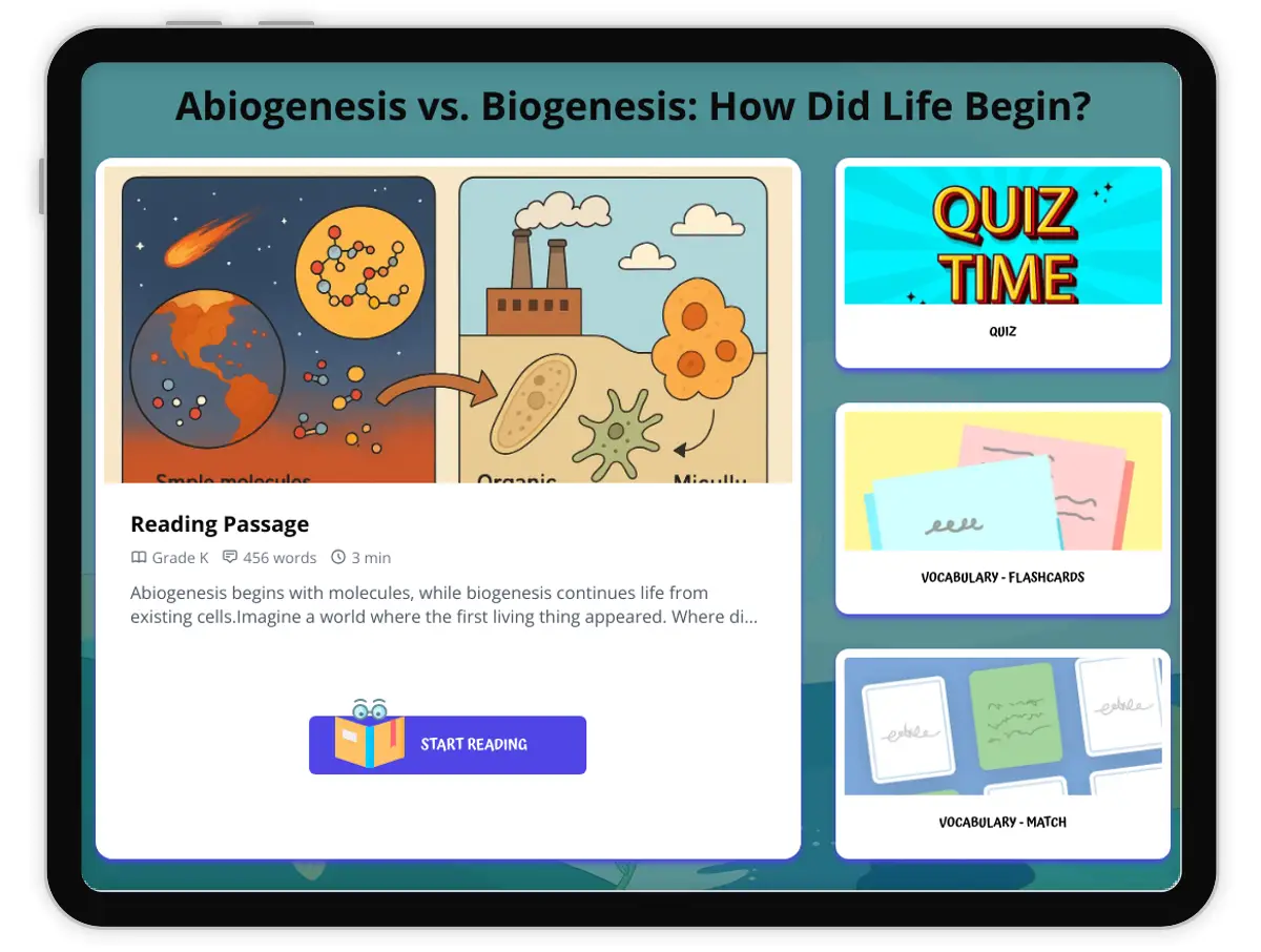 Interactive — Reading Comprehension preview: Abiogenesis vs. Biogenesis covering  standards - Page 1 of 1
