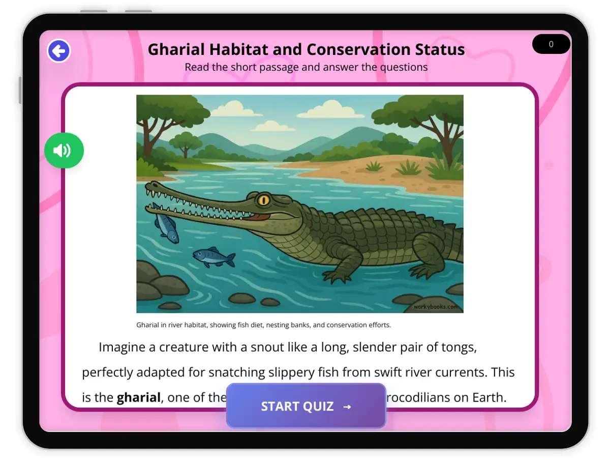 Interactive — Reading Comprehension preview: Gharial Habitat and Conservation Status covering  standards - Page 1 of 1